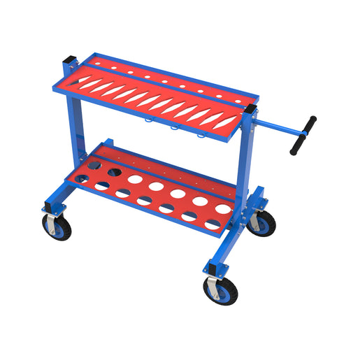 Red and blue tool cart with multiple compartments on a white background